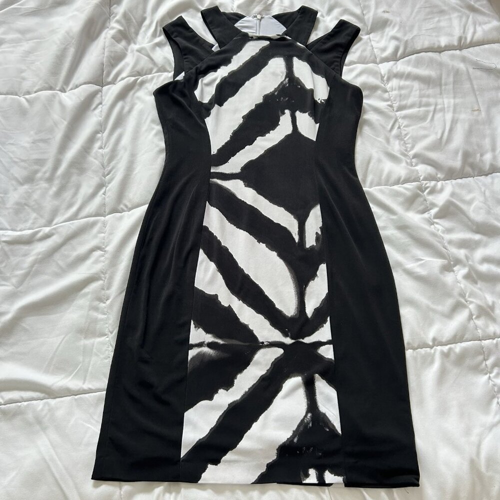 Cache Dress Womens 10 Black White Contrast Midi Sheath‎ Sleeveless Business Y2K